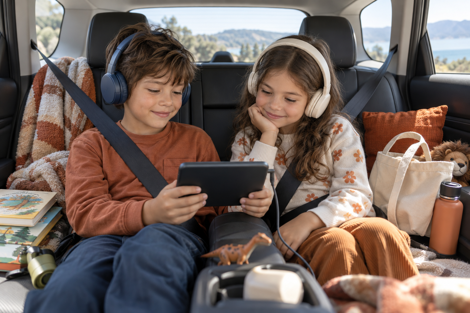 kids listening to an audiobook with headphones in the back seat of a family car — original hero illustration