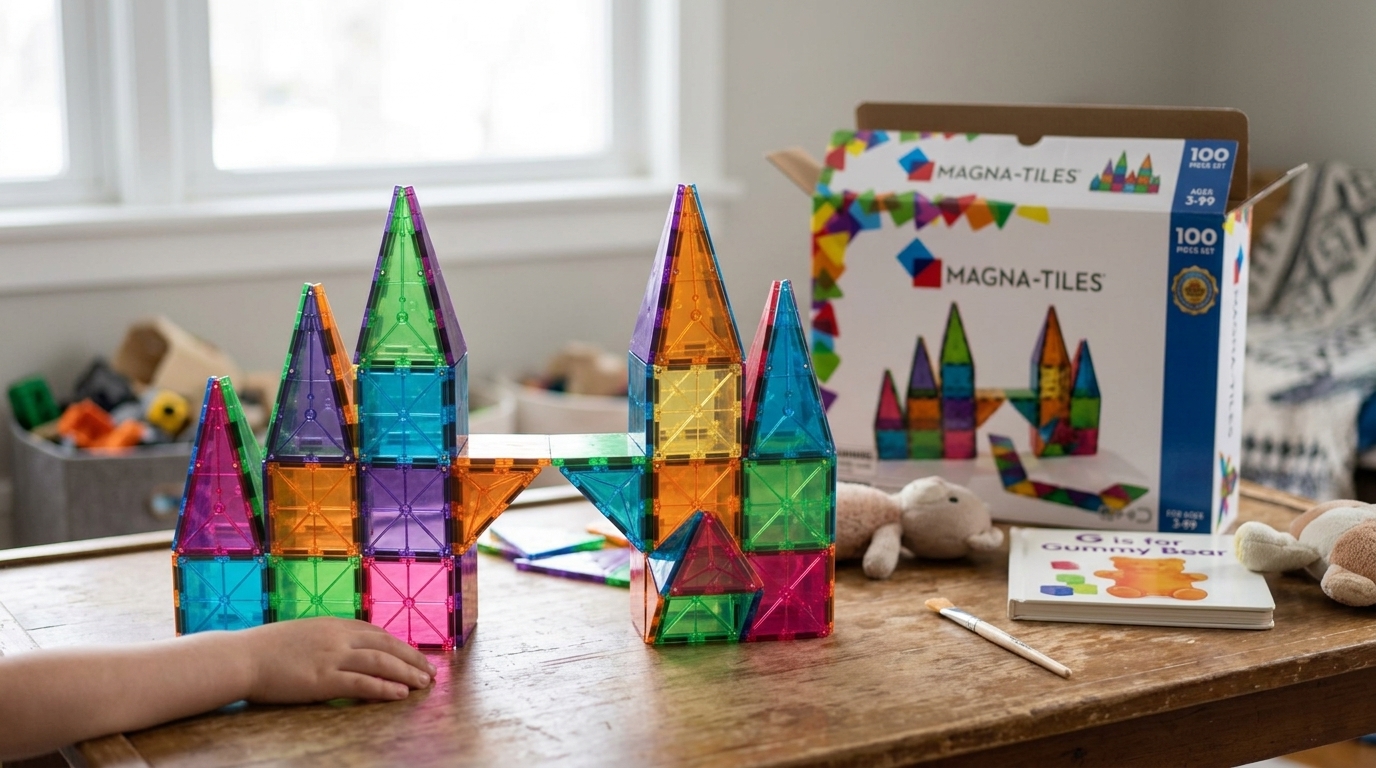 Magna-Tiles Classic 100er-Set durchsichtige magnetische Bau-Fliesen für kleine Kinder – Original-Helden-Illustration
