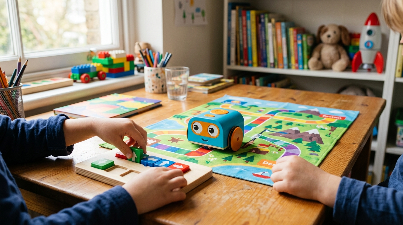 a child's hands using a screen-free coding robot toy on a bright desk, colorful STEM learning, friendly and inclusive — original hero illustration