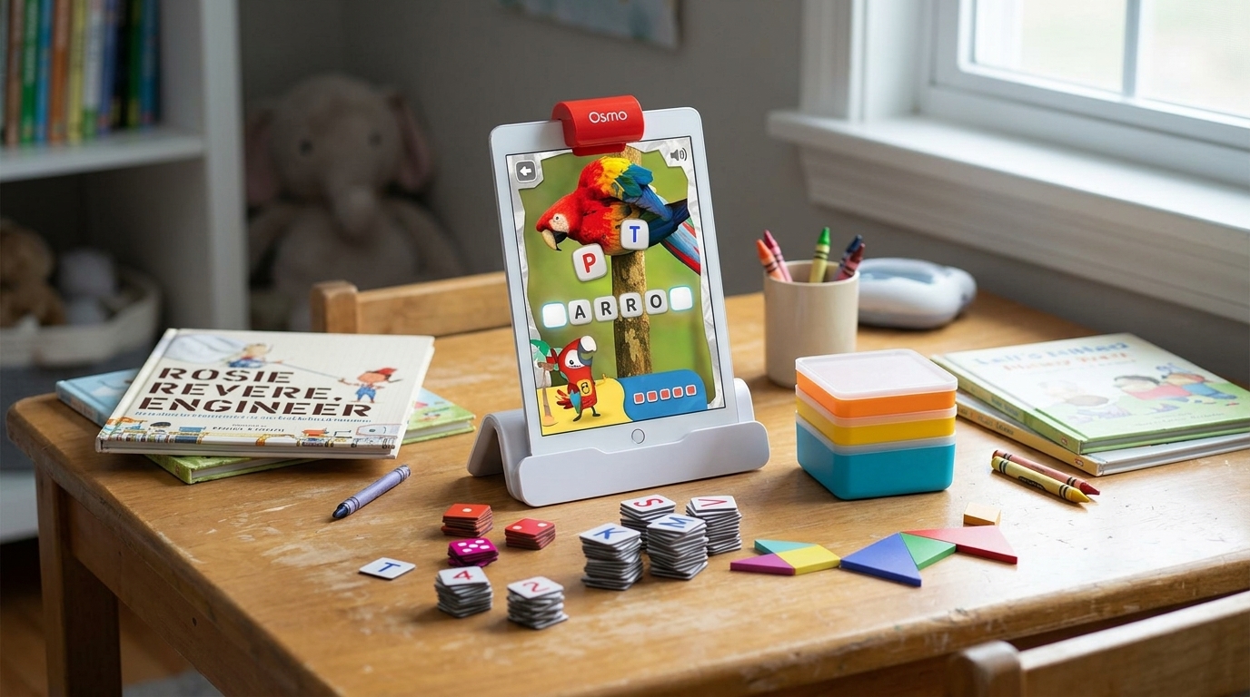 Educational STEM toys for a 7-year-old laid out on a playroom table, tablet learning kit in the center