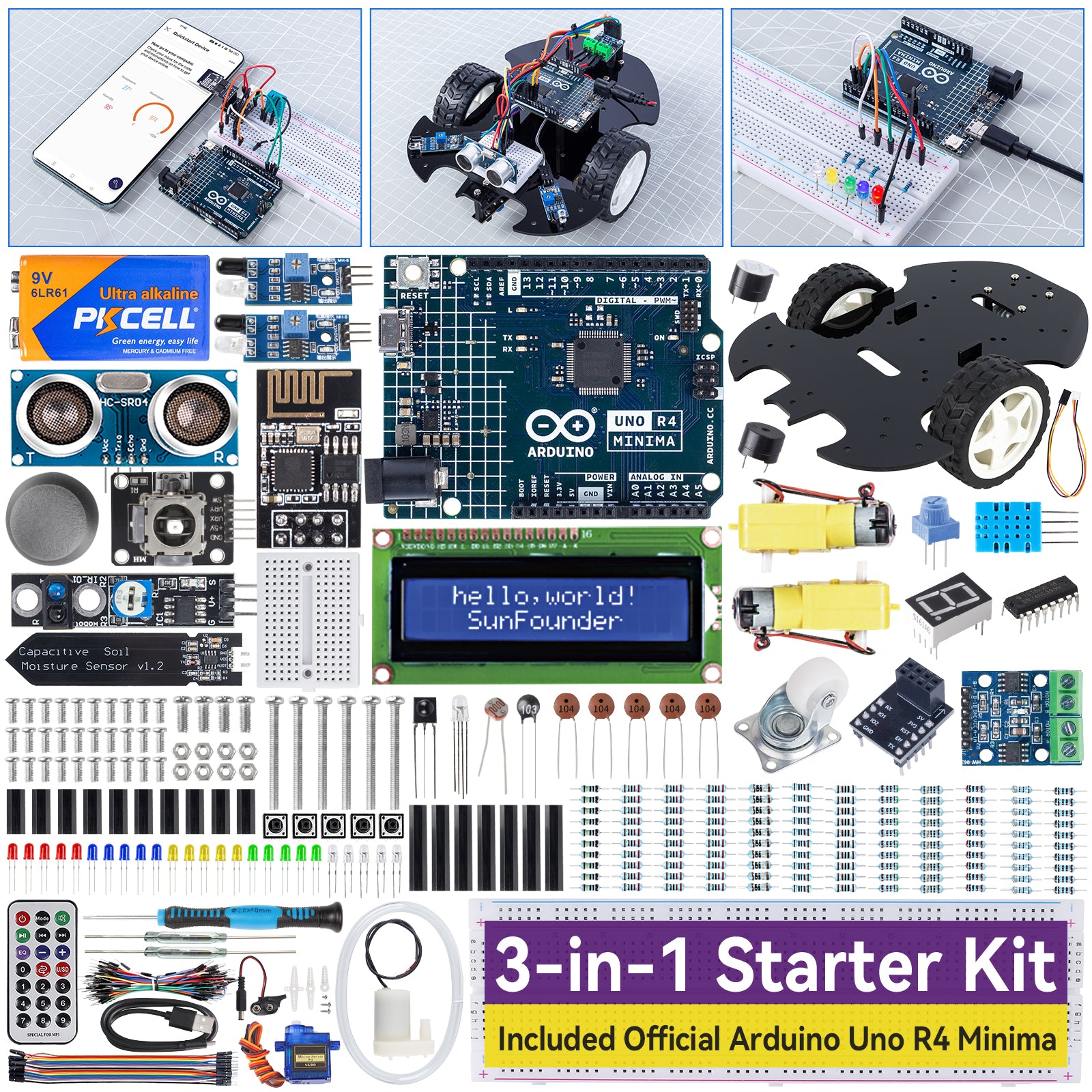 SunFounder 3-in-1 Ultimate Starter Kit mit Arduino-Board, Modulen und Smart-Car-Teilen