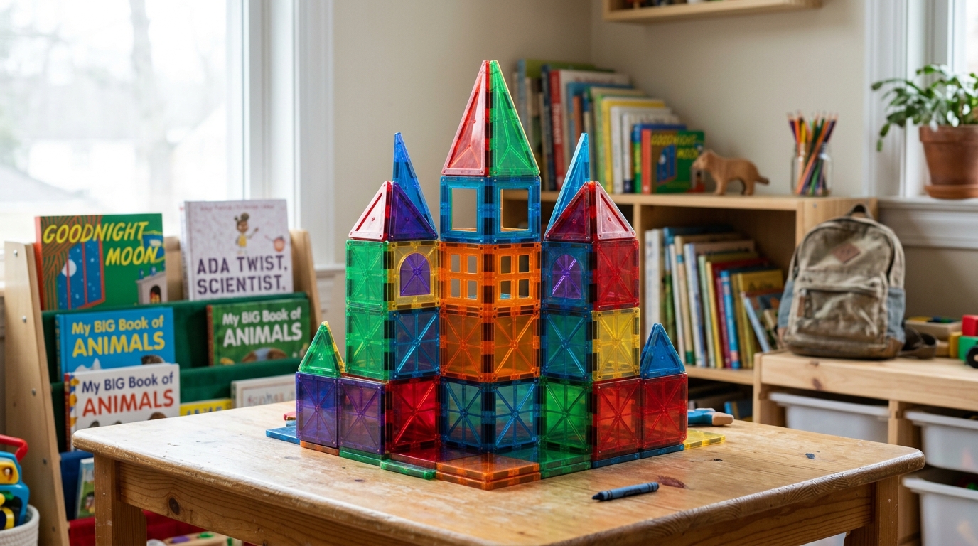 Colorful magnetic building tiles von Magna-Tiles, ein STEM-Konstruktionsspielzeug für junge Kinder — ursprüngliches Hero-Bild