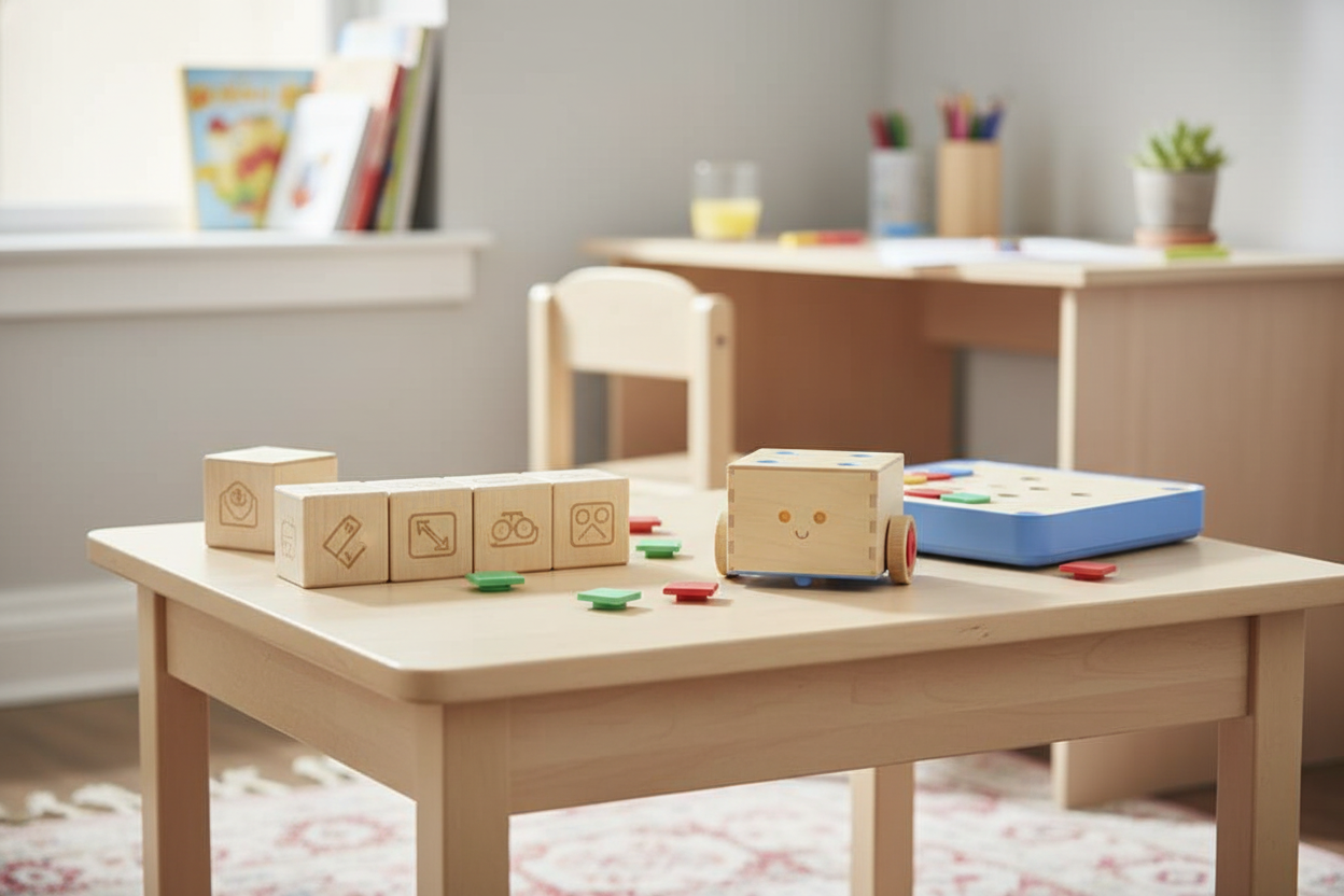 screen-free coding toys for kids (wooden blocks and coding robot) — original hero illustration