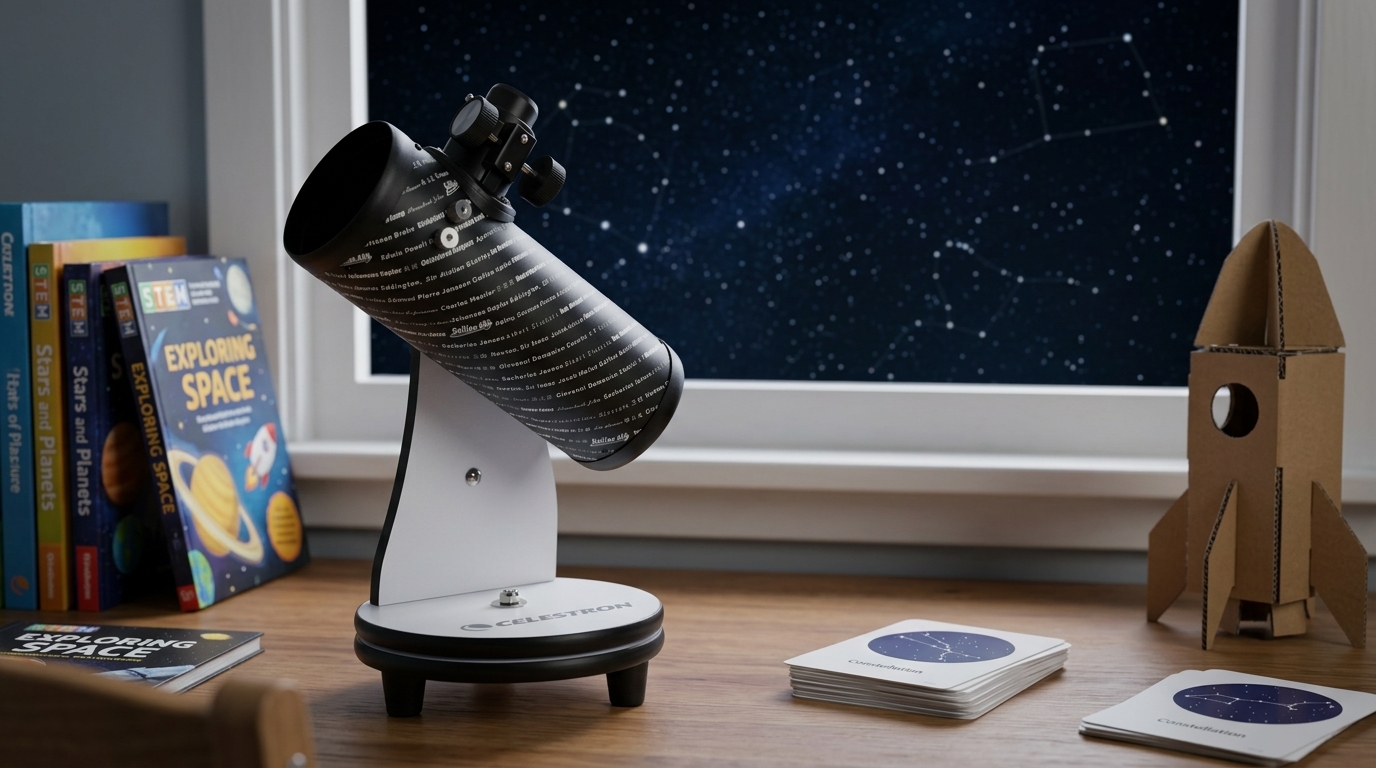 تلسكوب Celestron FirstScope 76mm على طاولة صغيرة تحت سماء ليلية مليئة بالنجوم — رسم توضيحي أصلي