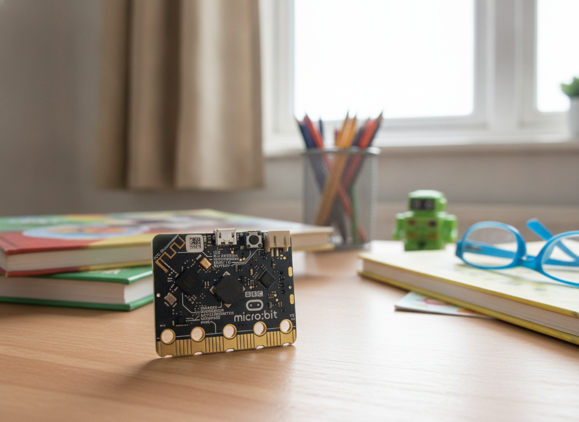 BBC micro:bit V2 beginner coding board on a desk — original hero illustration