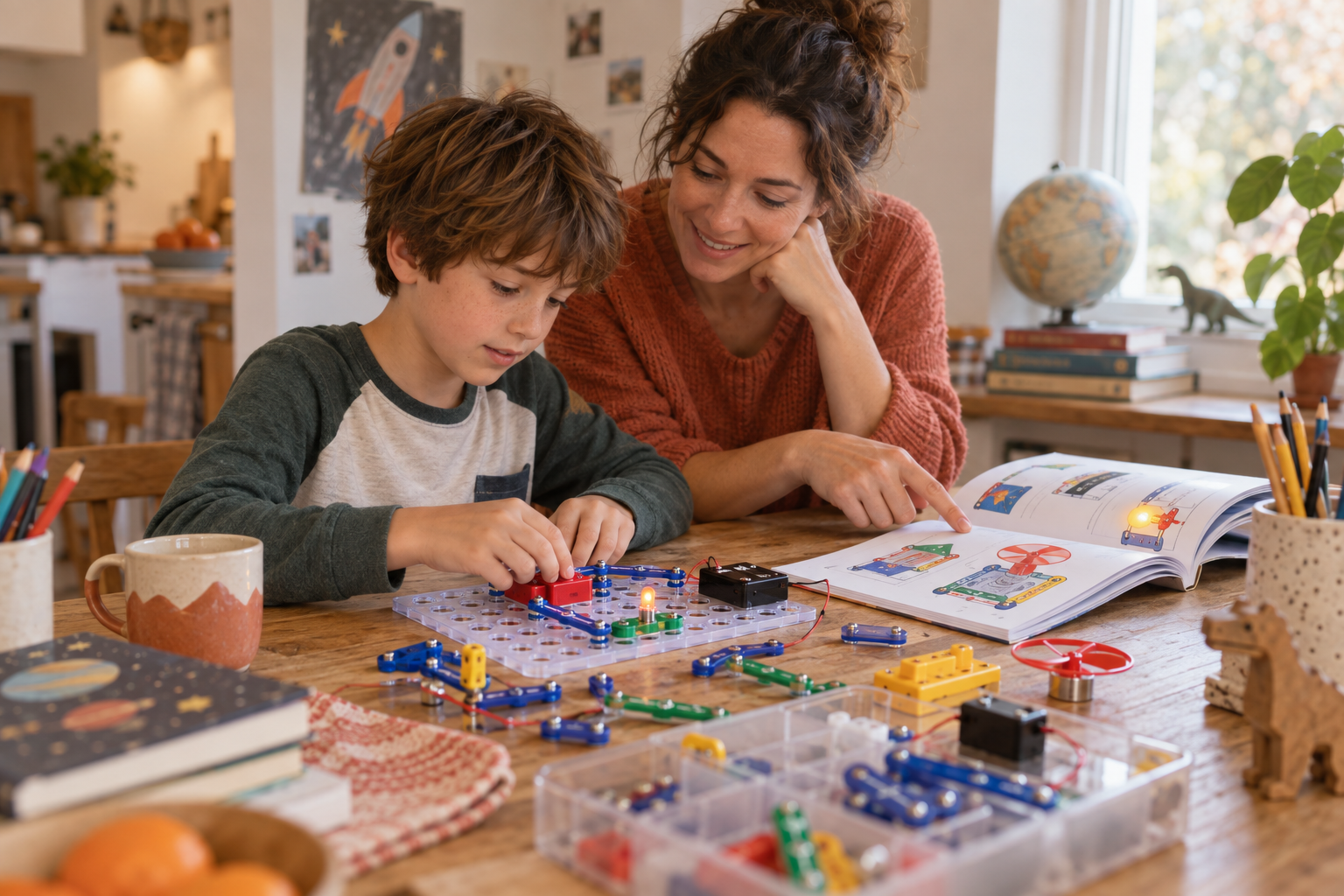 A parent and child building a snap-together electronics circuit at a kitchen table, project manual open beside them — original hero illustration